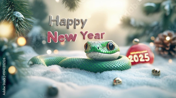 Fototapeta Happy New Year 2025 greeting card with a green snake