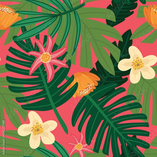 Fototapeta Seamless pattern with hand-drawn tropical plants in bright colors