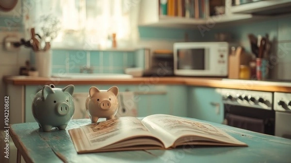 Fototapeta Two piggy banks on a cookbook in a kitchen.