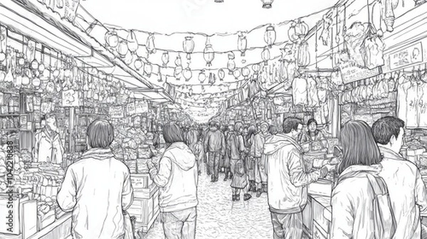 Fototapeta Crowded market scene with hanging lanterns and shoppers