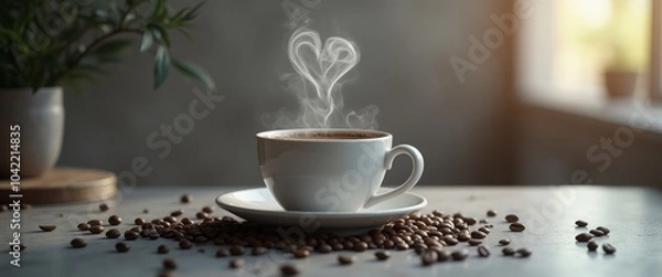 Obraz A warm cup of coffee on a wooden table surrounded by scattered coffee beans, with soft natural light streaming in. The image evokes warmth, comfort, and a relaxing coffee moment.