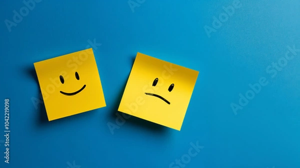 Fototapeta two yellow sticky notes with happy and sad faces on blue background, generative ai