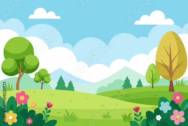 Fototapeta Blank meadow flower landscape scene with many trees