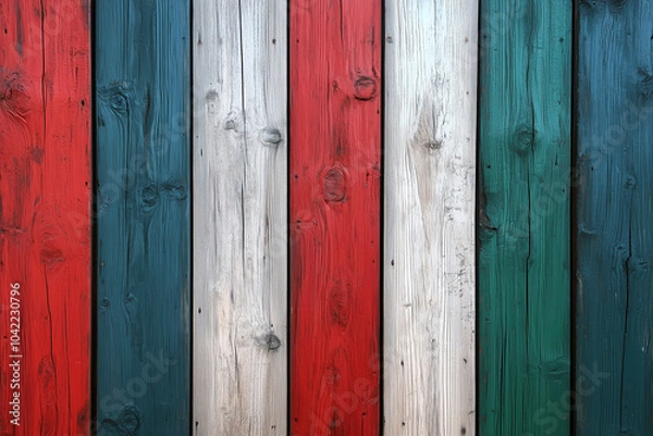 Fototapeta Colorful wooden planks in red, white, blue, and green arranged in a decorative pattern suitable for artistic backgrounds. Generative AI