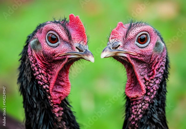 Fototapeta Two turkeys stare intently at each other in a grassy field. Thanksgiving day
