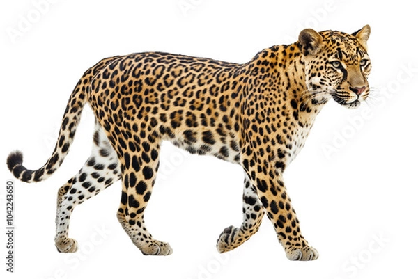 Fototapeta Majestic leopard walking gracefully, showcasing its stunning spotted coat and powerful physique against,Isolated on transparent background