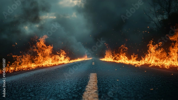Fototapeta Burning Highway with Smoke and Flames, Perfect Background for Dramatic Fire Themes,  Hot Product backdrop. Generative AI