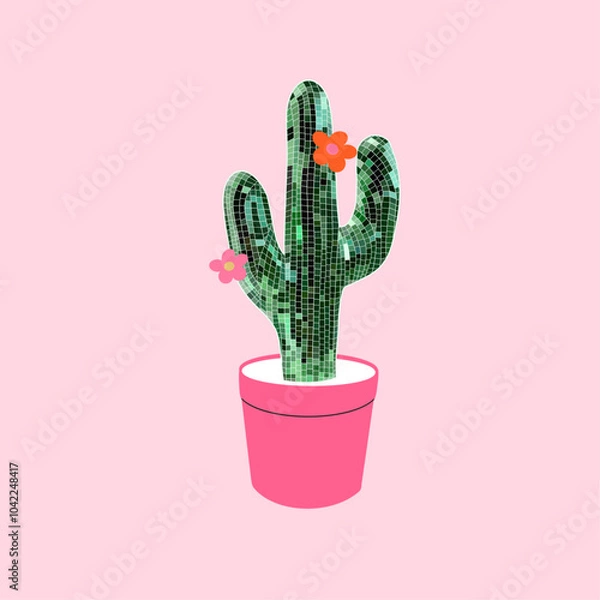 Obraz Disco cactus in flower pot. Western trendy design. Wild west. Retro groovy vibes. Cowgirl disco background. Hand drawn vector illustration