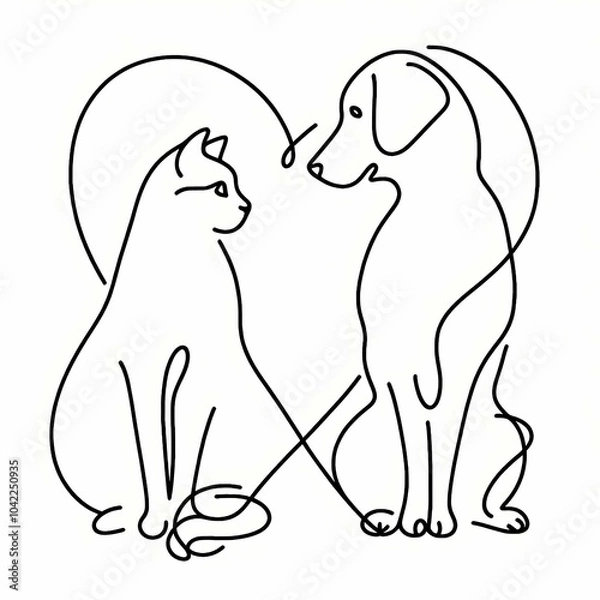 Fototapeta Minimalist line art of a cat and dog facing each other with a heart shape, symbolizing love and friendship between pets.
