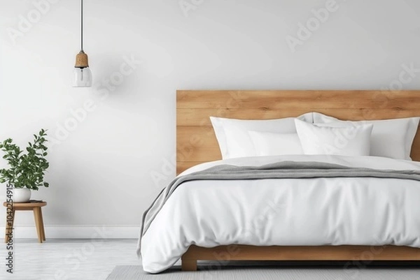 Fototapeta A minimalist bedroom with a wooden headboard, white bedding, a gray blanket, and a small wooden bedside table with a plant, creating a clean and serene atmosphere