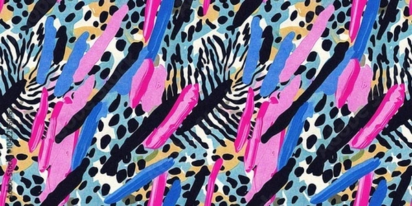 Obraz Fun girly camouflage border pattern in vibrant stripes and spotted seamless design . Modern skin banner texture patched effect for festival and beach wear style in ribbon repeat.
