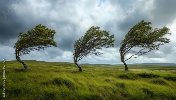 Obraz Three wind blown trees in an open grassy field on a cloudy day