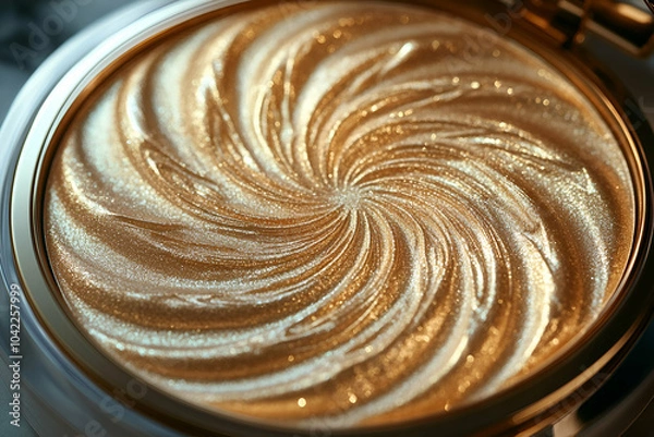 Fototapeta A close-up of a shimmering, swirled golden powder compact, showcasing intricate details of its lustrous surface.