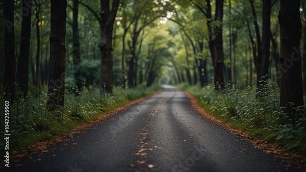 Fototapeta A winding asphalt road through a dense forest with tall trees lining the edges, creating a tunnel of green foliage.
