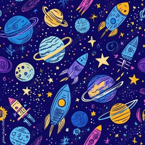 Fototapeta A collection of cosmic-themed doodles featuring colorful planets, whimsical rockets, and sparkling stars against a deep blue space backdrop. Generative AI