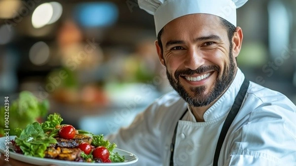 Fototapeta Migrant worker at a restaurant learning new culinary skills, symbolizing professional growth and adaptation in a new country