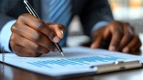 Obraz A business professional in formal attire intently studies data reports on a clipboard while jotting down notes with a pen in a well-lit office environment