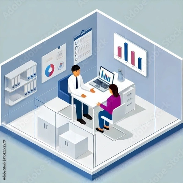 Fototapeta オフィスでクライアントと商談しているアイソメトリック画像 Isometric image of a business meeting with a client in the office