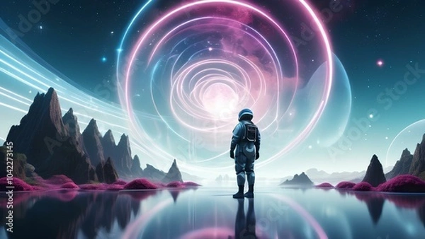 Fototapeta Journey Beyond Reality: Human in a Surreal Metaverse Landscape