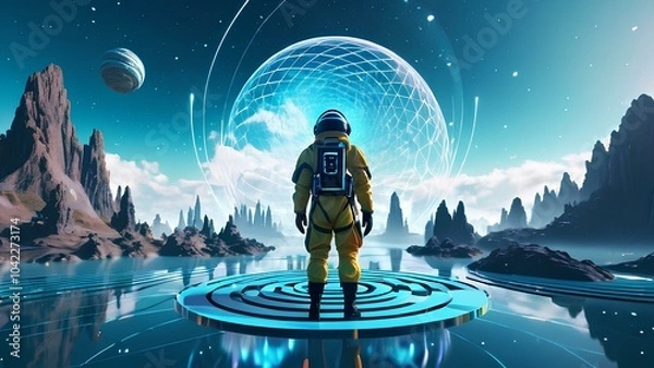 Fototapeta Journey Beyond Reality: Human in a Surreal Metaverse Landscape