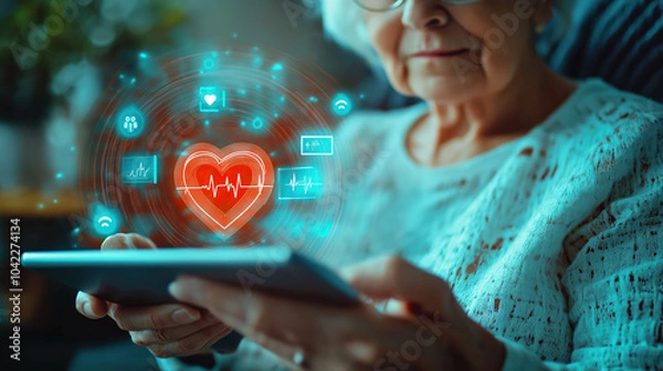 Fototapeta Elderly person(s) engaged in the digital age using family or friends to use modern techniques like tablets, laptops, smartphones also modern apps for personal healthcare.