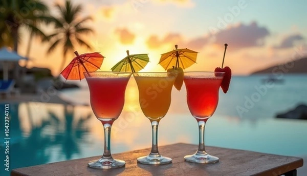 Obraz Exotic daiquiris served with colorful umbrellas on a poolside with a sunset horizon