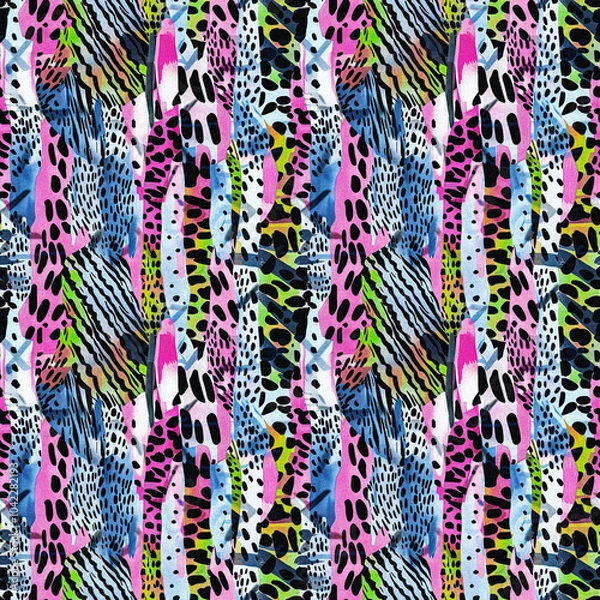 Obraz Fun girly camouflage pattern in vibrant stripes and spotted seamless design . Modern skin texture patched effect for festival and beach wear style in repeat .