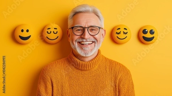 Fototapeta Smiling Senior Man with a Bright Expression on yellow Background.