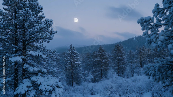 Fototapeta Winter landscape with snow covered pine trees in the forest and full moon