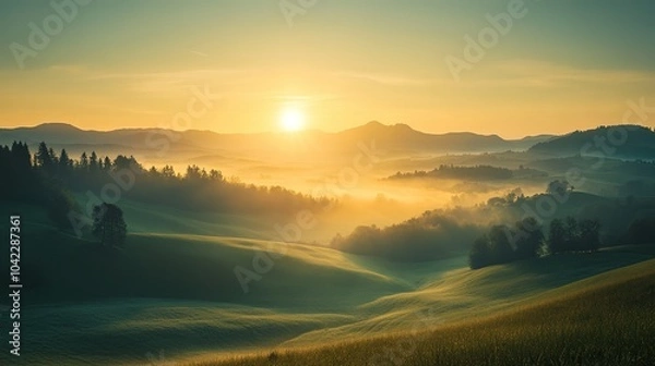 Fototapeta Captivating sunrise over rolling hills and misty valleys in a tranquil landscape at dawn