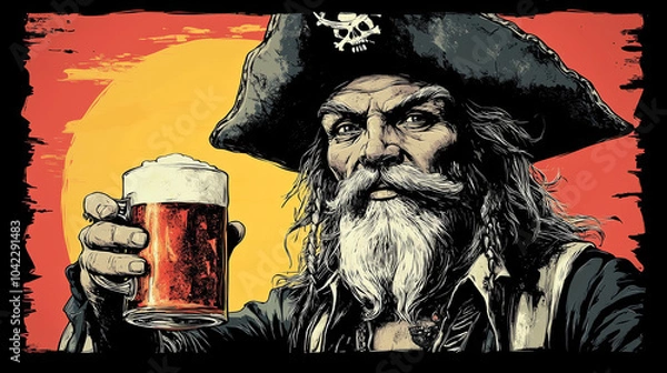 Obraz Engraving Vector Sketch of a Fat Pirate Holding a Mug of Beer