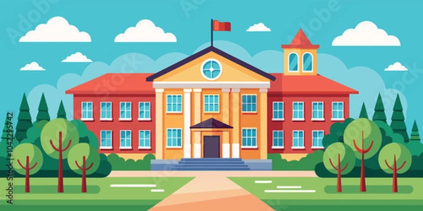Obraz School Building in Park in Flat Cartoon Vector Illustration for Back To School Banner Element Decoration Isolated on Transparent Background