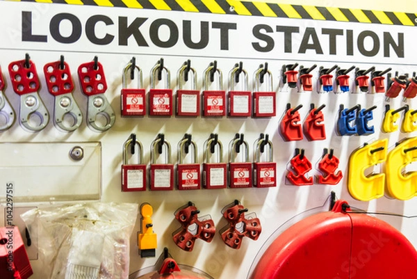 Fototapeta A close-up of a 'lockout station' displaying safety equipment used to securely lock out valves and other machinery during maintenance. 