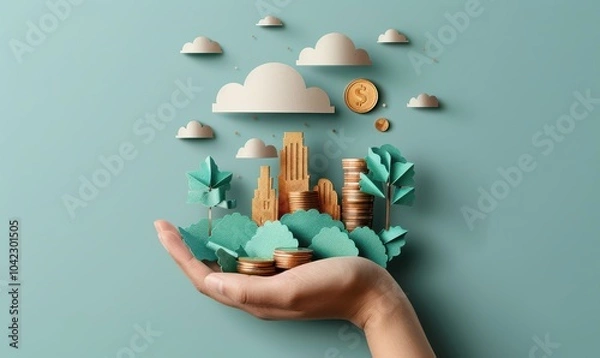 Fototapeta Hand holding stack of paper-style coins with Bitcoin symbols, vibrant illustration of digital finance concept. Free copy space for banner.