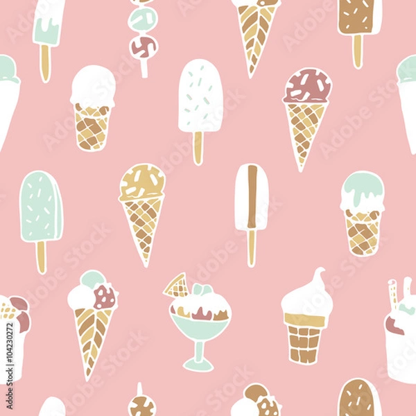 Fototapeta Hand drawn ice cream seamless pattern on  background.
