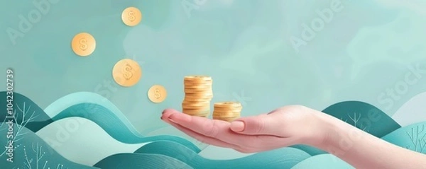 Fototapeta Hand holding stack of paper-style coins with Bitcoin symbols, vibrant illustration of digital finance concept. Free copy space for banner.