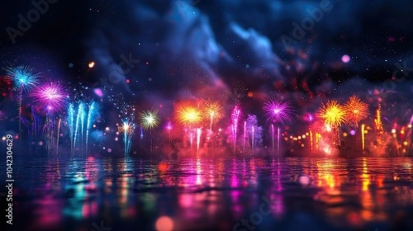 Fototapeta A vibrant scene of colorful fireworks lighting up the night sky, paired with a joyful Diwali message