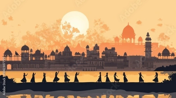 Obraz Landmarks of Rajasthan visual including its skyline and cultural dance elements