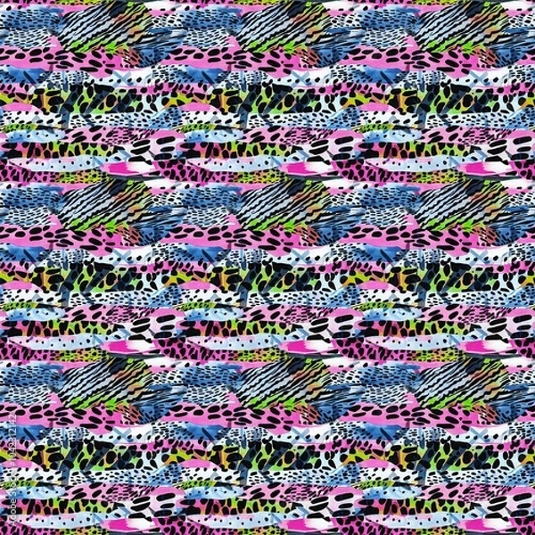 Obraz Fun girly camouflage pattern in vibrant stripes and spotted seamless design . Modern skin texture patched effect for festival and beach wear style in repeat .