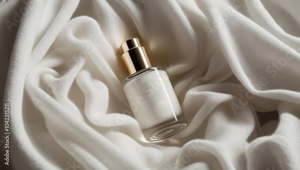 Obraz A sleek bottle containing a white liquid rests elegantly on a softly draped fabric, illuminated by warm, diffused light, creating a serene and sophisticated atmosphere