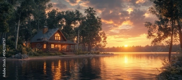 Obraz A wooden cabin with windows glowing sits on the shore of a lake with a sunset in the background.
