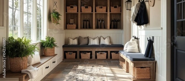 Obraz A cozy entryway with a bench, storage baskets, and plants.