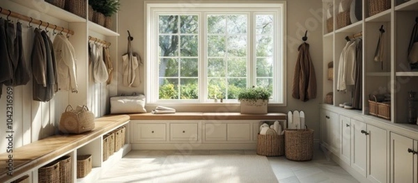 Obraz A well-lit entryway with white cabinets, a wooden bench, and a large window overlooking a lush green garden. The space is decorated with baskets, plants, and coats hung on hooks.