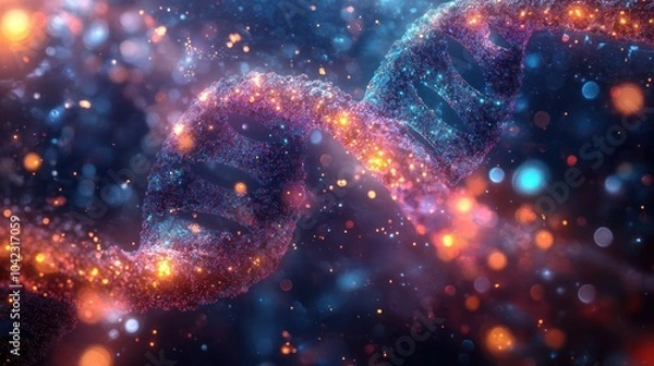 Obraz A glowing, abstract representation of a DNA double helix, surrounded by a sparkling nebula of colorful particles.