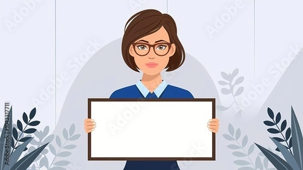 Obraz Young Woman Holding Blank Sign Surrounded by Greenery In Professional Setting 