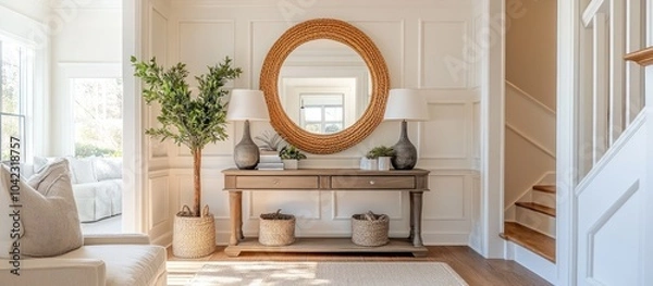 Fototapeta A wooden console table with two drawers in a bright hallway with a large round mirror, two lamps, a potted plant and a rug.