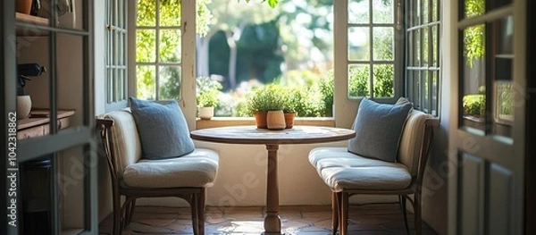 Fototapeta Two chairs and a table sit by a window overlooking a green garden.