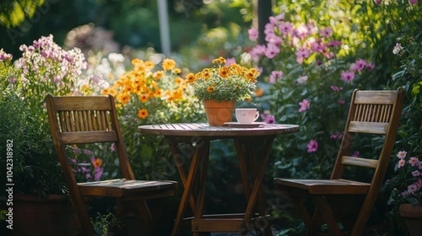 Fototapeta A small wooden table with two chairs and a cup of tea in a garden setting with flowers.