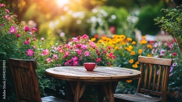 Obraz A red cup of coffee sits on a wooden table in a garden with blooming flowers.