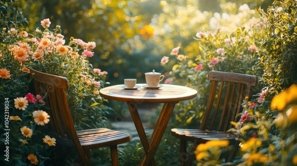 Obraz A table with two chairs sits in a garden with a teapot and a cup of tea.